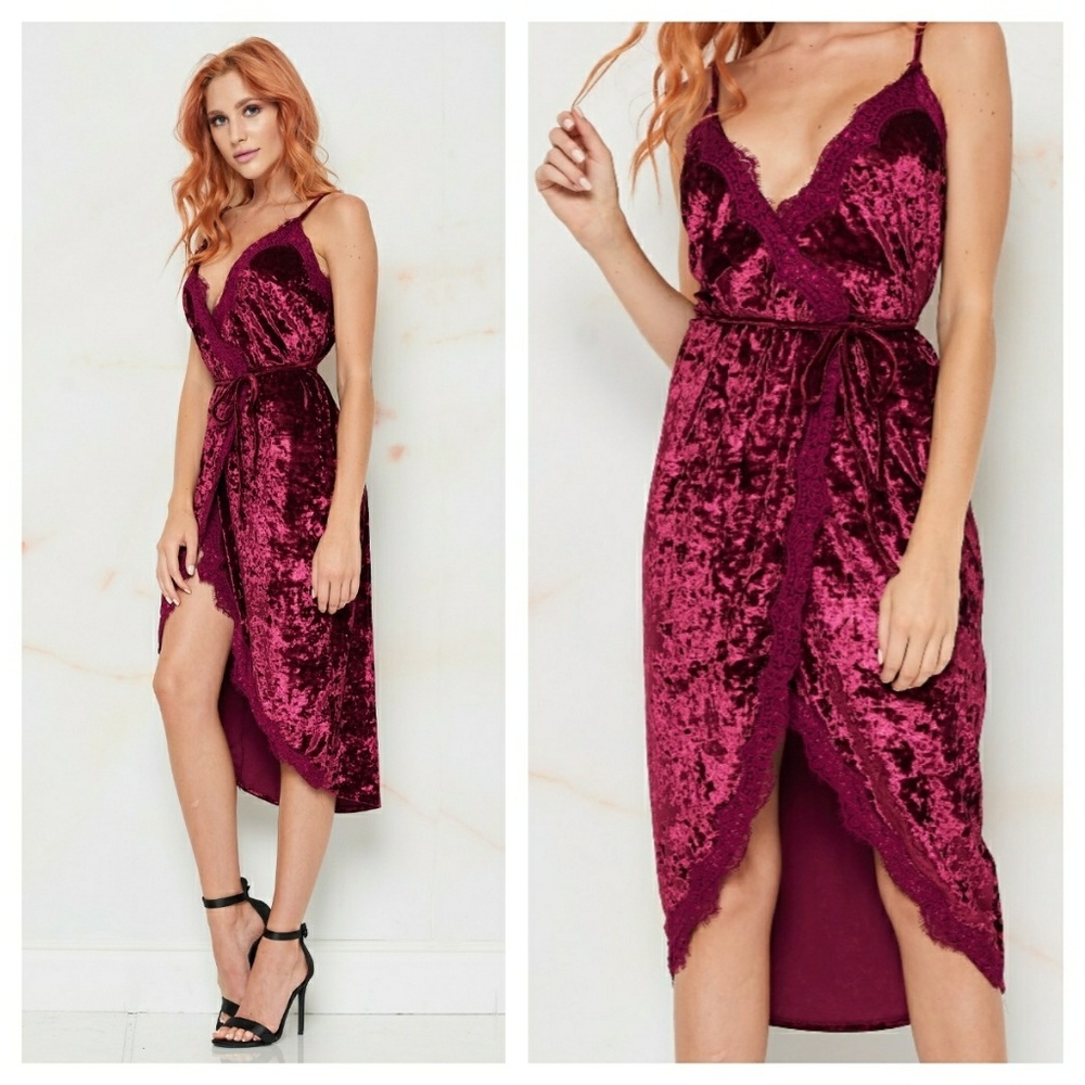Burgundy velvet wrap dress